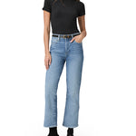 Pantalones de mezclilla flare Courtney NY-2025-810, color azul, con detalles de costura y ajuste de cintura en la imagen.