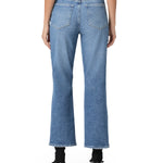 Pantalones cortos tipo flare de mezclilla marca NY-2025-810, color azul claro, con dobladillo deshilachado y bolsillos frontales.