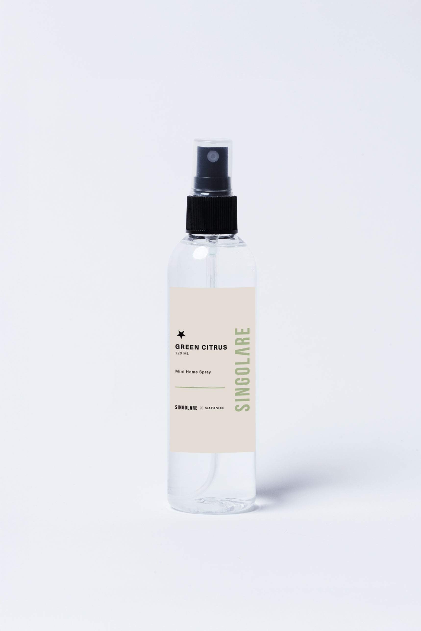 Spray para el hogar Mini de 120ml con aroma a cítricos verdes, marca MS-0000-150, botella compacta y elegante.