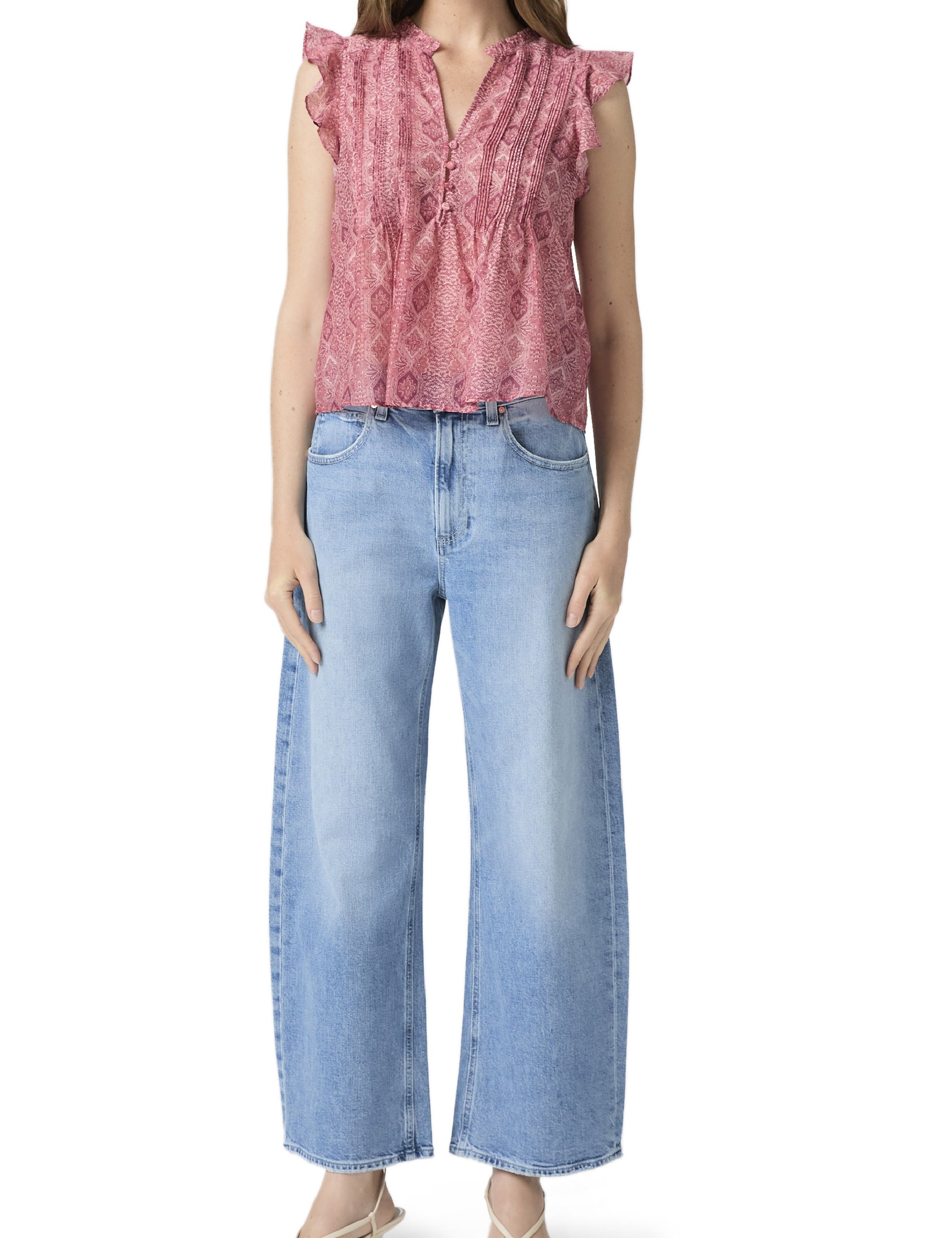 Pantalones vaqueros ajustados de pierna ancha Arellia Ankle Barrel de la marca NY-2026-808, en color azul con detalles clásicos