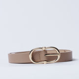Cinturón beige y cerise de accesorios BV-2025-103, con hebilla metálica y diseño elegante.