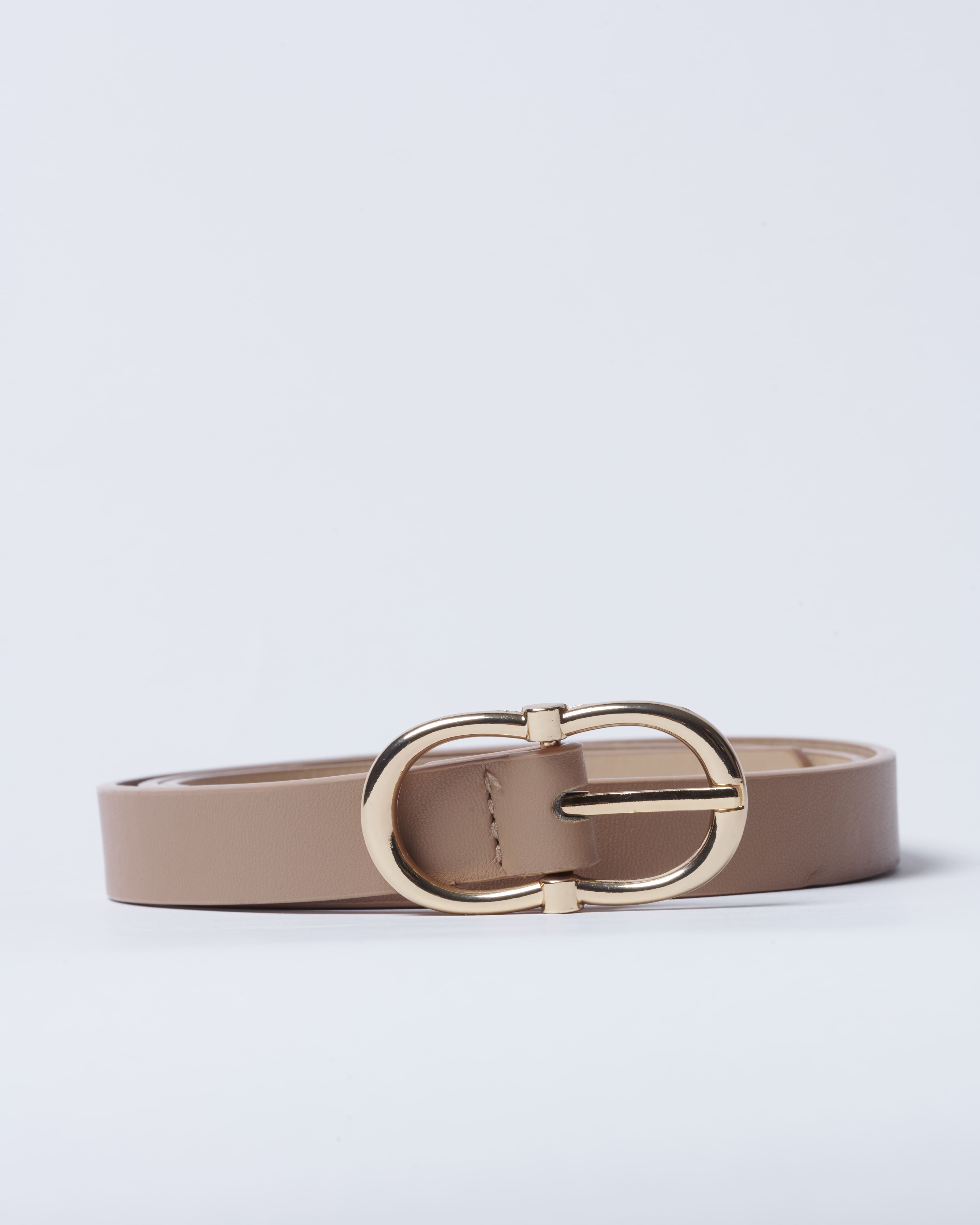 Cinturón beige y cerise de accesorios BV-2025-103, con hebilla metálica y diseño elegante.